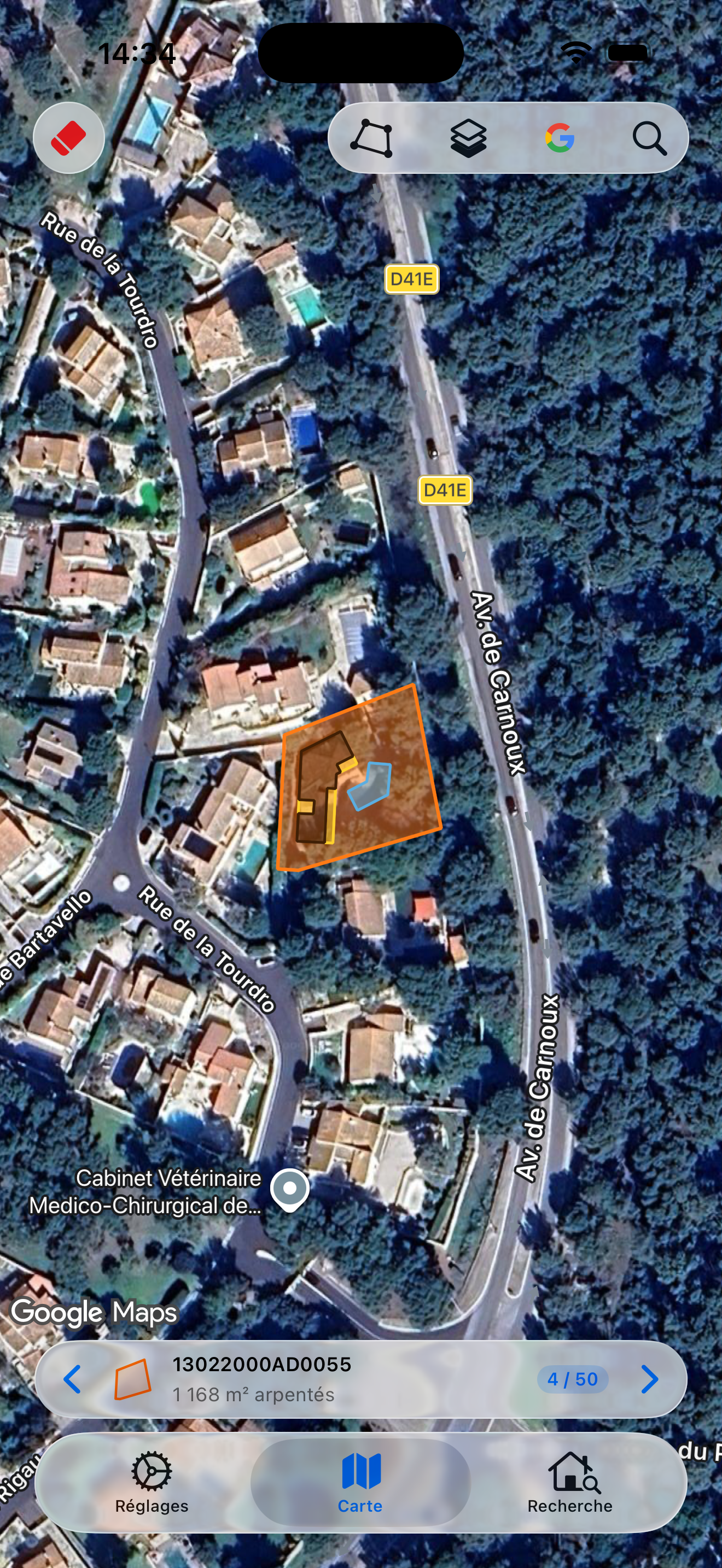Carte satellite avec parcelle en surbrillance