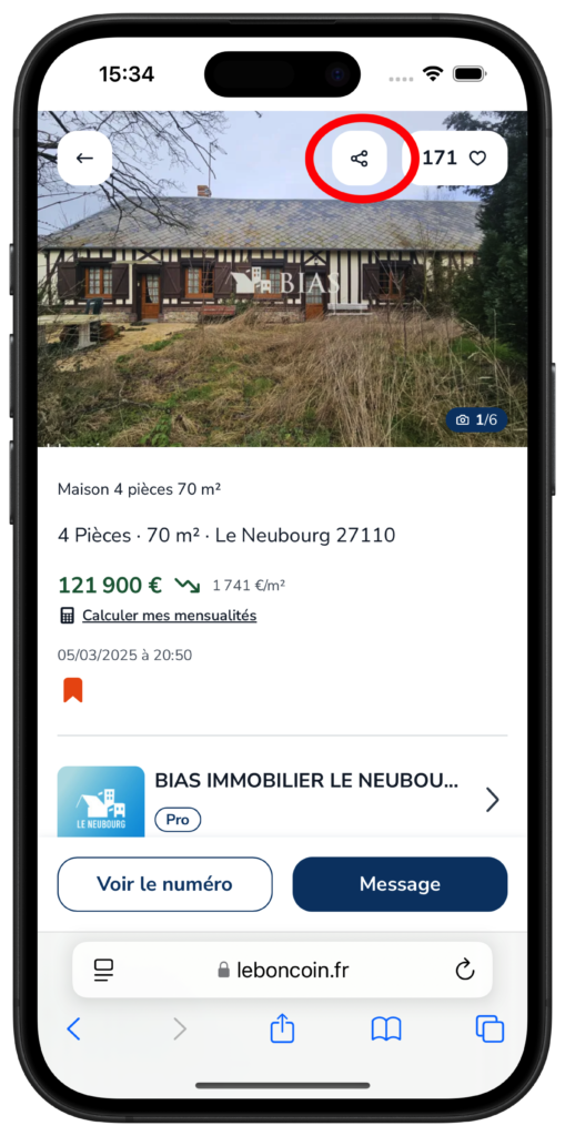 Capture écran site Leboncoin partager annonce