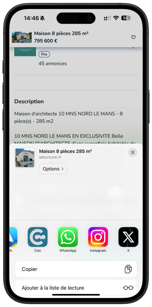 Capture écran site Leboncoin ouvrir dans Coo iPhone